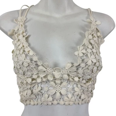 Free People Intimately Lace Crochet Floral Bralette Bra V-Neck Pullover Ivory M - Image 1 of 4