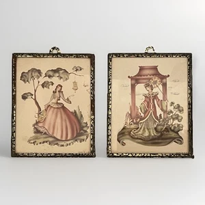 Vintage Miniatur Brunnen Kunst Rahmen 50er Jahre Damen Oriental Southern Belle 4x5 2er Set - Bild 1 von 11