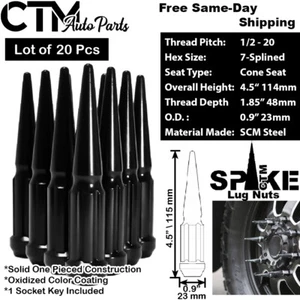 20Pc 4.5" TALL BLACK 1/2-20 SPLINE SPIKE LUG NUT+KEY FIT FORD LINCOLN JAGUAR - Picture 1 of 2