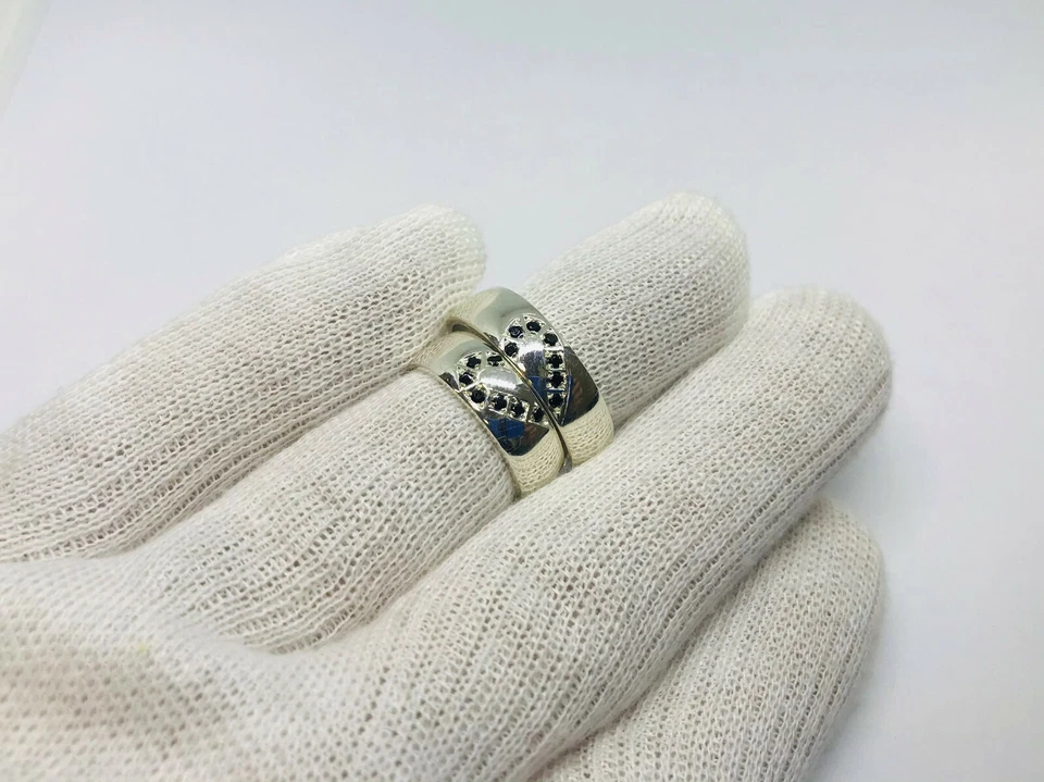 Anello fede personalizzata Argento 925 con zirconi neri SIlver engaged boyfriend - Immagine 1 di 4