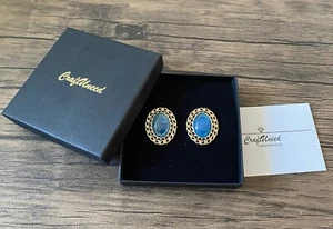 Craftuneed women retro blue gemstone oval shape stud earrings silver plated pins - Picture 1 of 5