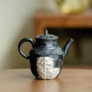 Black Gold Glaze Painted Silver Teapot Handmade Lion Awakening Pot Tea Maker - Picture 1 of 4