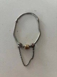 Pandora Sterling Silver Bracelet Gold Clasp 14k With Hearts Safety Chain - Picture 1 of 2