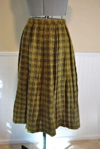 Vintage Designer Knit Wool Pleated Midi Plaid Houndstooth Skirt Green 26" Small - Picture 1 of 6
