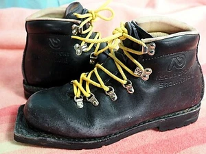 VTG ASOLO Sport Snowfield 3 Pin Black Telemark Ski Leather Italy Vibram Boots 9 - Picture 1 of 10