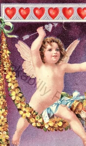 Cartolina San Valentino vintage 1900 fiori cupido campane cuori freccia argento dorato - Foto 1 di 3