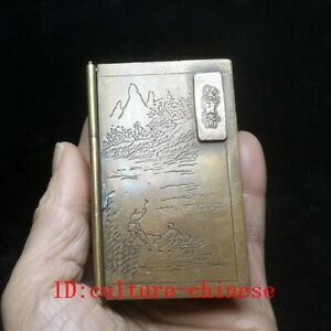 3.3" Old China Bronze Hand Carving Landscape calligraphy seal Ink Box Collection