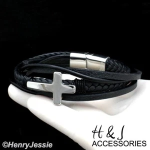 8.5"MEN Stainless Steel Black Braided Link Leather Silver Cross Bracelet*ASB109 - Picture 1 of 3