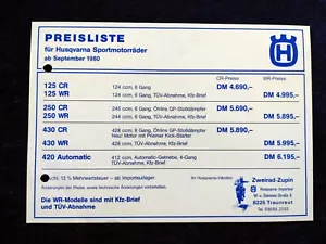 Husqvarna 125 CR WR 250 CR WR 430 CR WR 420 Automatic Preisliste 9.1980 gelocht - Picture 1 of 1