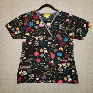 Wonder Wink Scrubs Top Coffee Before Talkie Women's Size Small Medical Colorful - Picture 1 of 7