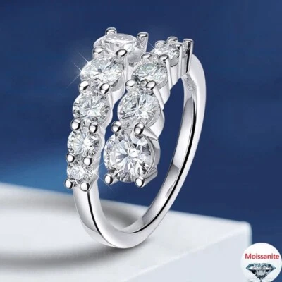 Full D VVS1 Moissanite Engagement Row Ring 925 Sterling Silver 18K Gold Plated - Image 1 of 4