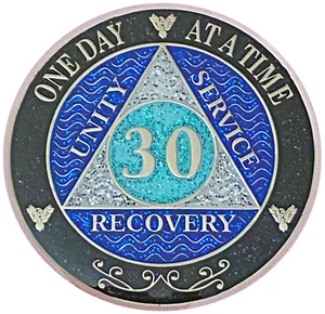 AA 30 Year Medallion, Black Rainbow, Blue Glitter, Alcoholics Anonymous Coin - Picture 1 of 2