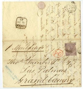 1867 Londres Inglaterra 6d Placa 6 George C Bruce a Canarias Carta - Imagen 1 de 2