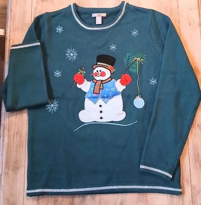 Suéter de Natal vintage branco veado feminino boneco de neve verde tamanho 4/6 P - Imagem 1 de 2