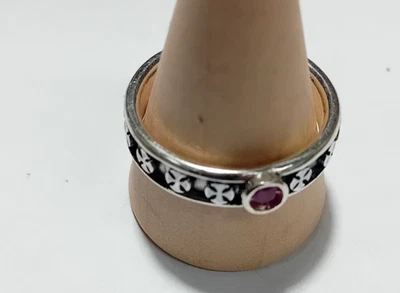 anello fede croce discoide  templare rubino centrale argento ossidato 925 - Immagine 1 di 4