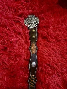 Vintage Zinn Schnalle verzierter Gürtel WESTERN braun Leder einzigartiges Design - Bild 1 von 8