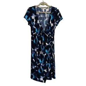 Maggy London Dress Womens US 12 Blue Wrap Abstract VNeck Short Sleeve Modern - Picture 1 of 4