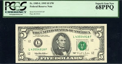 Fr. 1985-L (LF Block) 1995 $5 San Francisco Note PCGS Superb Gem New 68 PPQ - Image 1 of 2