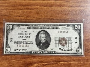 1929 TIPO I MONEDA NACIONAL DE 20 DÓLARES FNB de DUBUQUE IOWA BILLETE DE ALTA CALIDAD F001015A - Imagen 1 de 8