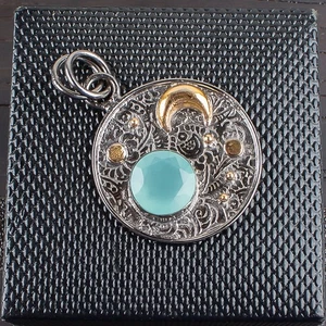 Ciondolo tondo gioiello argento sterling 925 pietra preziosa calcedonio acqua 1,30" per lei - Foto 1 di 8