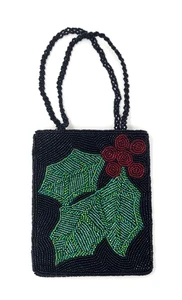 Perlen Handtasche Stechpalme Blätter und Beeren schwarz Urlaub Weihnachten Party - Bild 1 von 4