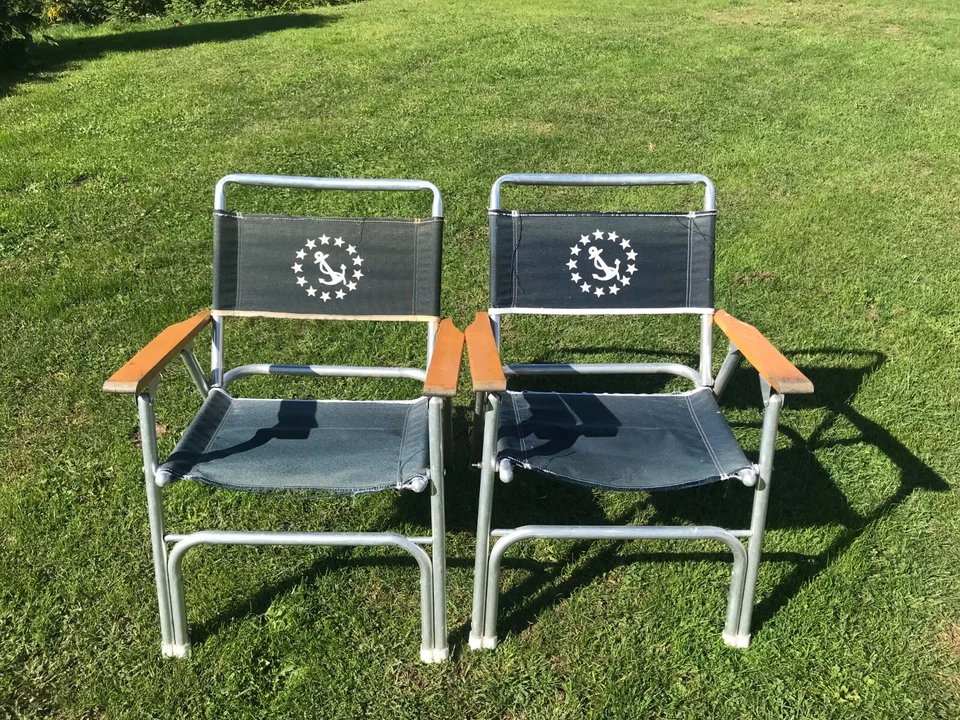 Vintage Pair Of Folding Chairs Aluminum Frame Fabric Marine Corp Symbol - Image 1 of 4