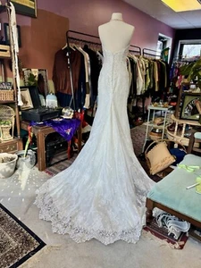 Beaded Strapless White Wedding Gown With Long Train Size 8 - Picture 1 of 12