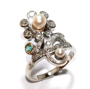 Ring Weißgold Diamanten 0,56ct. Smaragd Perlen 585/14K Gr.55-56/17,25 mm 8g - Bild 1 von 9