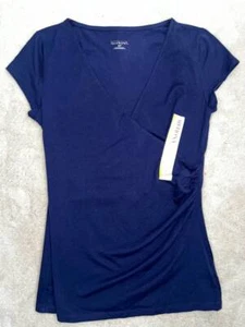 MERONA T-SHIRT~XAVIER NAVY~LADIES SM~M~CROSSOVER~SLIGHTLY FITTED WRAP TEE~NWT - Picture 1 of 3