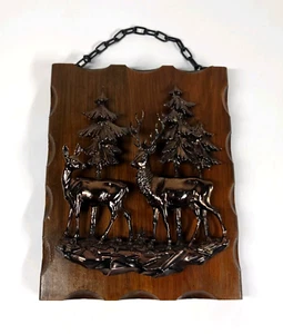 Vintage Wood Hanging Plaque With 3D Plastic Copper Tone Deer Trees Relief - Picture 1 of 9