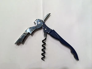 Navy Blue Metal Corkscrew Doubled Hinged Waiters Wine Bottle Opener Foil Cutter - Picture 1 of 12