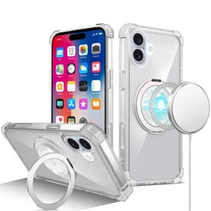 For iPhone 16 6.1inch Case Magnetic Circle w/ Stand Translucent + Tempered Glass - Picture 1 of 15