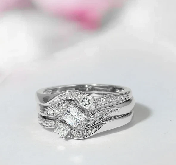 Hermoso conjunto de anillos de boda para mujer 935 Argentium plata blanca circonita cúbica Foto 1 de 4