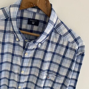 GANT Shirt XL X Large Mens Blue Check 12-M Linen Regular Fit Cotton Long Sleeve - Picture 1 of 8