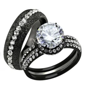 ST1870-ARH7847 schwarz ionenplattiert His & Hers 3 Stck. Edelstahl Hochzeit Verlobte - Bild 1 von 6