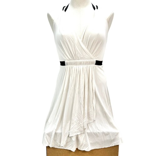 OFF WHITE Abito avvolgente BCBGMaxazria da donna Saige taglia 0 bianco finiture nero sopra il ginocchio