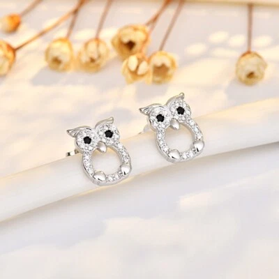 Shiny 925 Sterling Silver Cute Owl CZ Gemstone Stud Earrings Women Girl Gift UK - Image 1 of 4