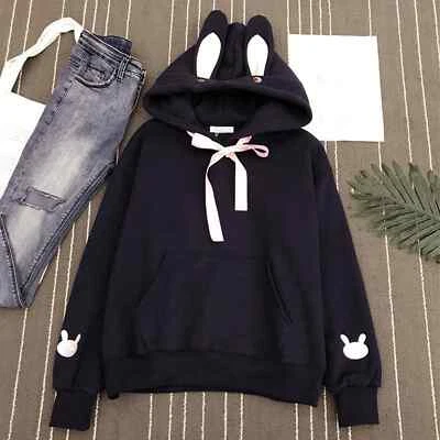 Women Cute Rabbit Bunny Ears Hooded Hoodie Pullover Winter Casual Sweatshirt Top - Image 1 of 4