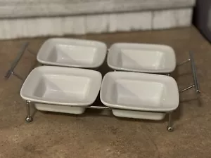 4 Dish Serving Tray- Entertaining/ Silver / Candy Bowls/ Relish - Porcelain -Dip - Picture 1 of 4