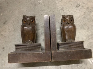 antique Vintage carved Pair Owl Bookend Sculpture Black Forest - Picture 1 of 2