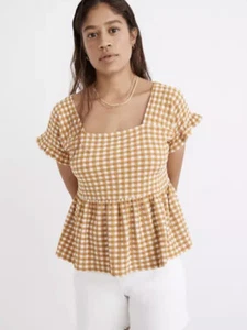 NWT Madewell Gingham Knit Ruffle Peplum Yellow Blouse Size Large - Picture 1 of 8