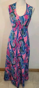 Vintage 60s/70s Sleeveless Long Bright Pink Psychedelic Dress*szS-see Photo Pics - Picture 1 of 9