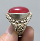 1.1" Miao Silver Inlaid Ruby Flower Ring
