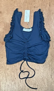 Emma & Sam Tank Damen groß marineblau Stretch vorne zum Binden Rüschenärmel Boho Crop - NEU - Bild 1 von 12