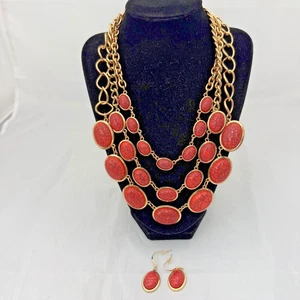 3 Strand Gold Tone Necklace  & Earring Set with Coral Colored Oval Embellishment - Picture 1 of 9