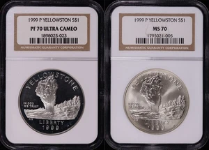 1999-P Yellowstone Silver Dollar Commemorative Set NGC MS-70 & PF-70 Ultra Cameo - Picture 1 of 2