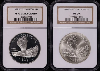 1999-P Yellowstone Silver Dollar Commemorative Set NGC MS-70 & PF-70 Ultra Cameo - Image 1 of 2