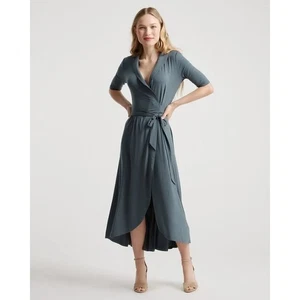 Quince Damen grau Midi Wickelkleid Kurzarm Bindeband Taille hoher niedriger Saum Gr. L - Bild 1 von 10