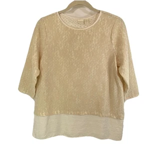 Chicos Size 3 Top Scoop Neck Long Sleeve Ivory Lace Look Womens XL Made in USA - Picture 1 of 15