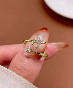 Airplane Design 0.19CT Round Cut Lab-Grown Diamond Cuff Ring In 10K Yellow Gold - Picture 1 of 5